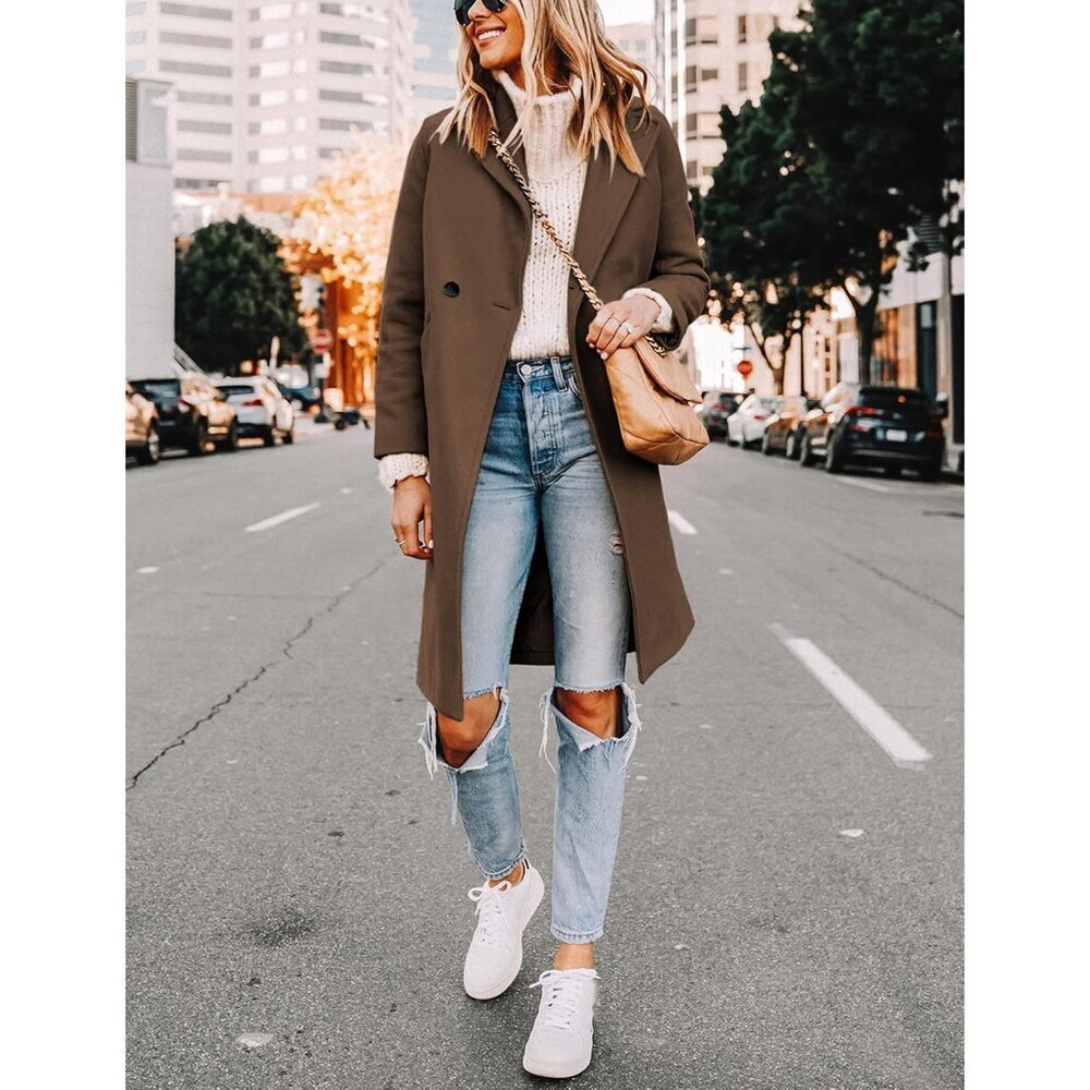 Women's Winter Wool Coat Casual Notch Lapel Single-Breasted Peacoat - Picture 2 of 6
